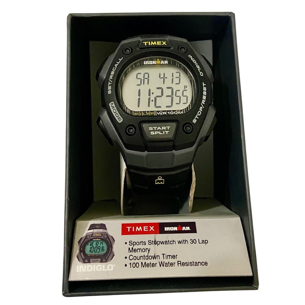 Timex Ironman 30-Lap Digital Watch Mens Black Indiglo 100M WR TW5M09500‎ Timer